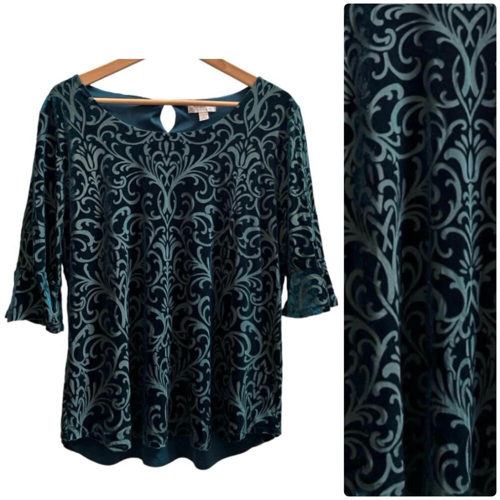 Whimsigoth Damask Scroll Pattern Velvet Burnout Lined 3/4 Sleeve Blouse XL